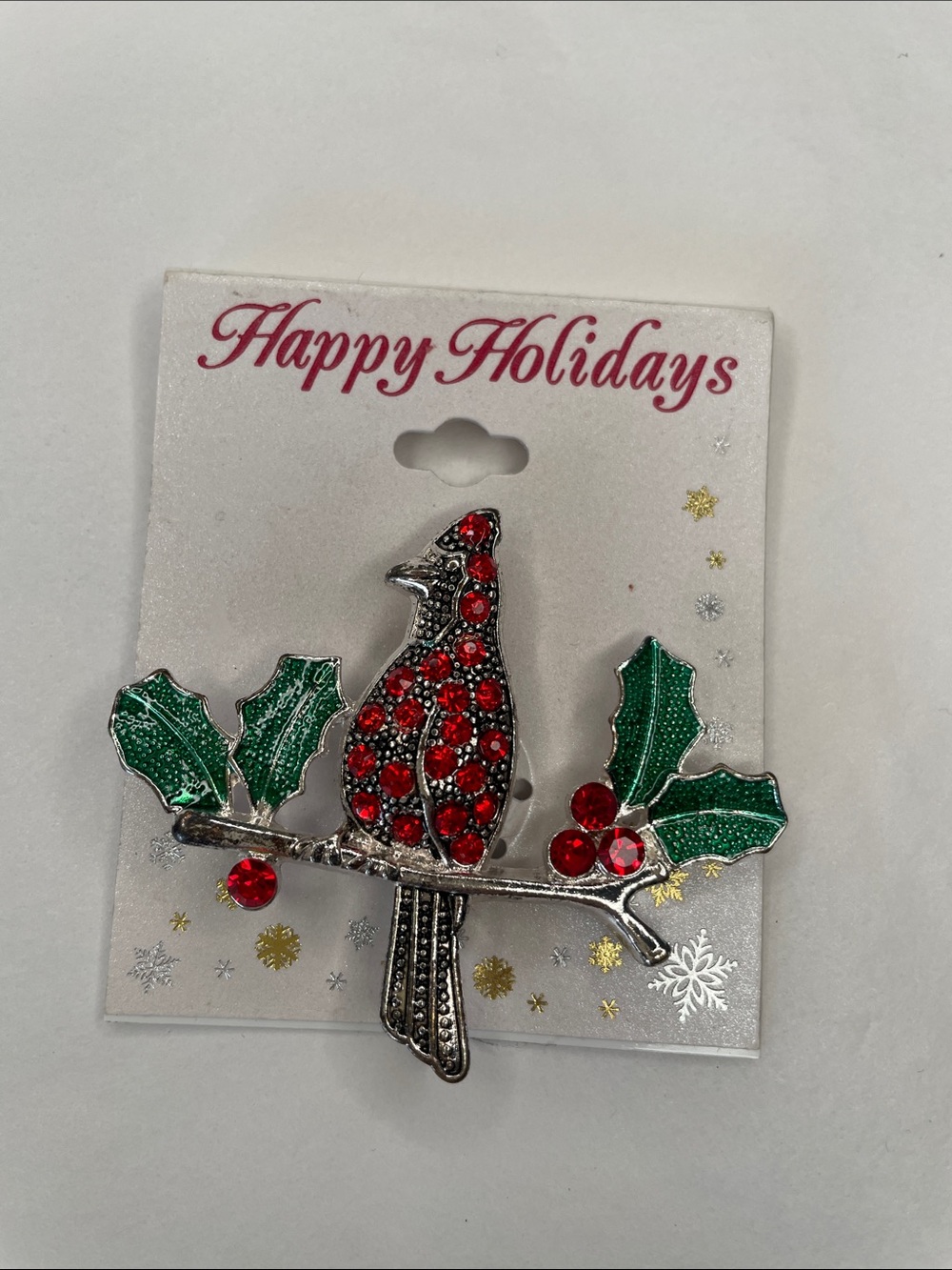 Festive Red Cardinal Brooch‎ with Green Holly Accents